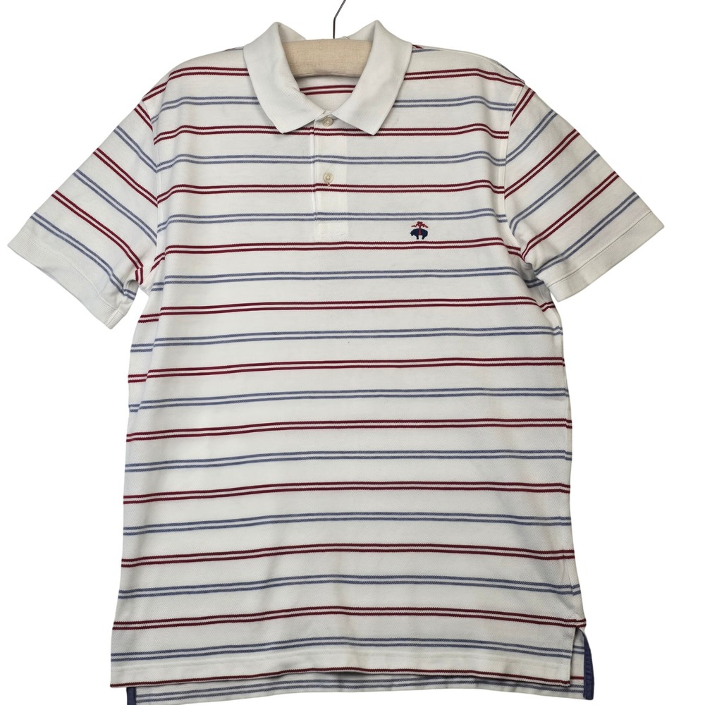 Brooks Brothers Mens Striped Polo Shirt White Red‎ Blue Golden Fleece Logo Large